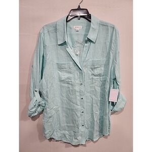 Westbound NWT Blouse Linen Blend Womens XL Lt. Blue Long Sleeve Cuffed‎ Pockets